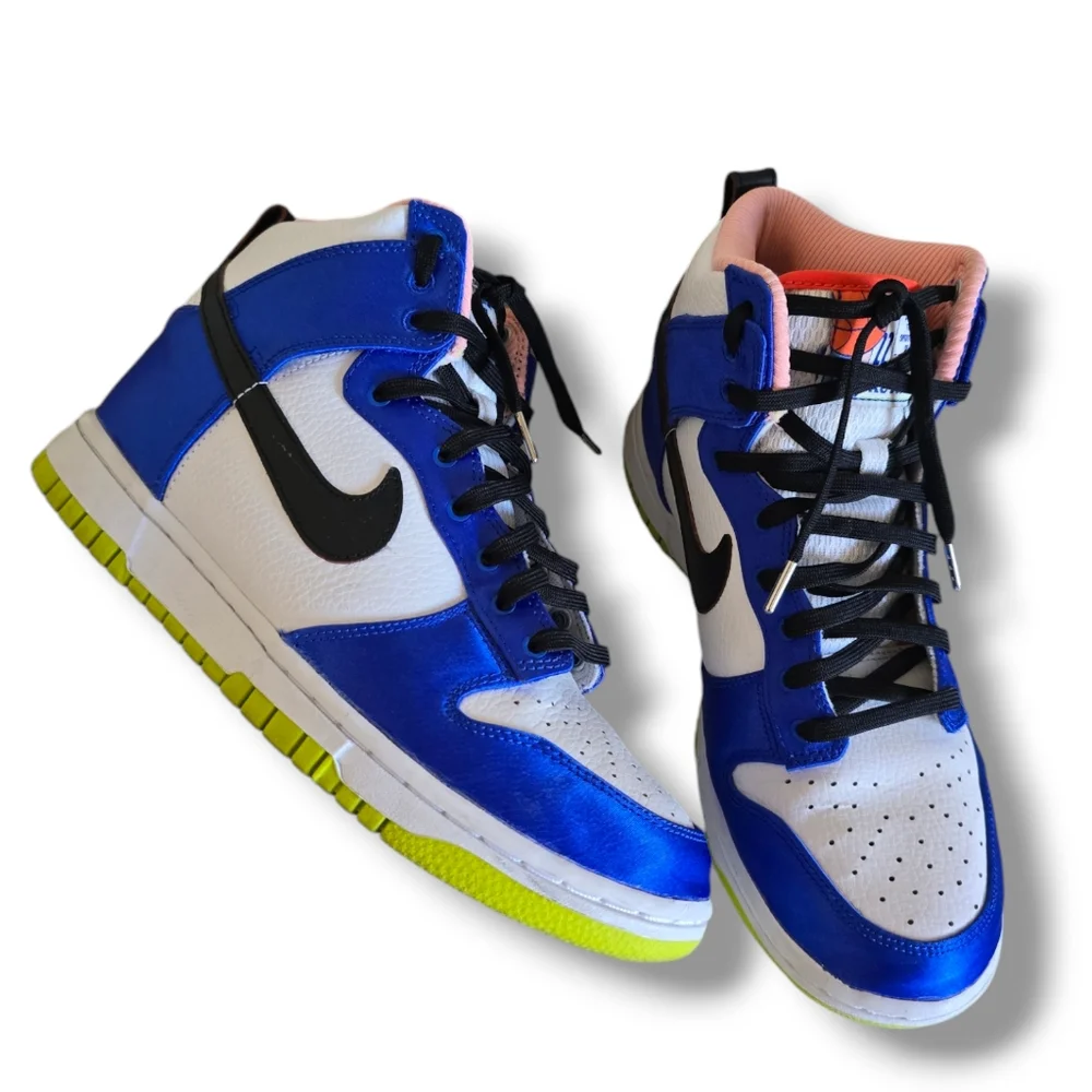 NIKE Women's Dunk High Blue Satin & Leather Sneakers - Picture 8 of 16